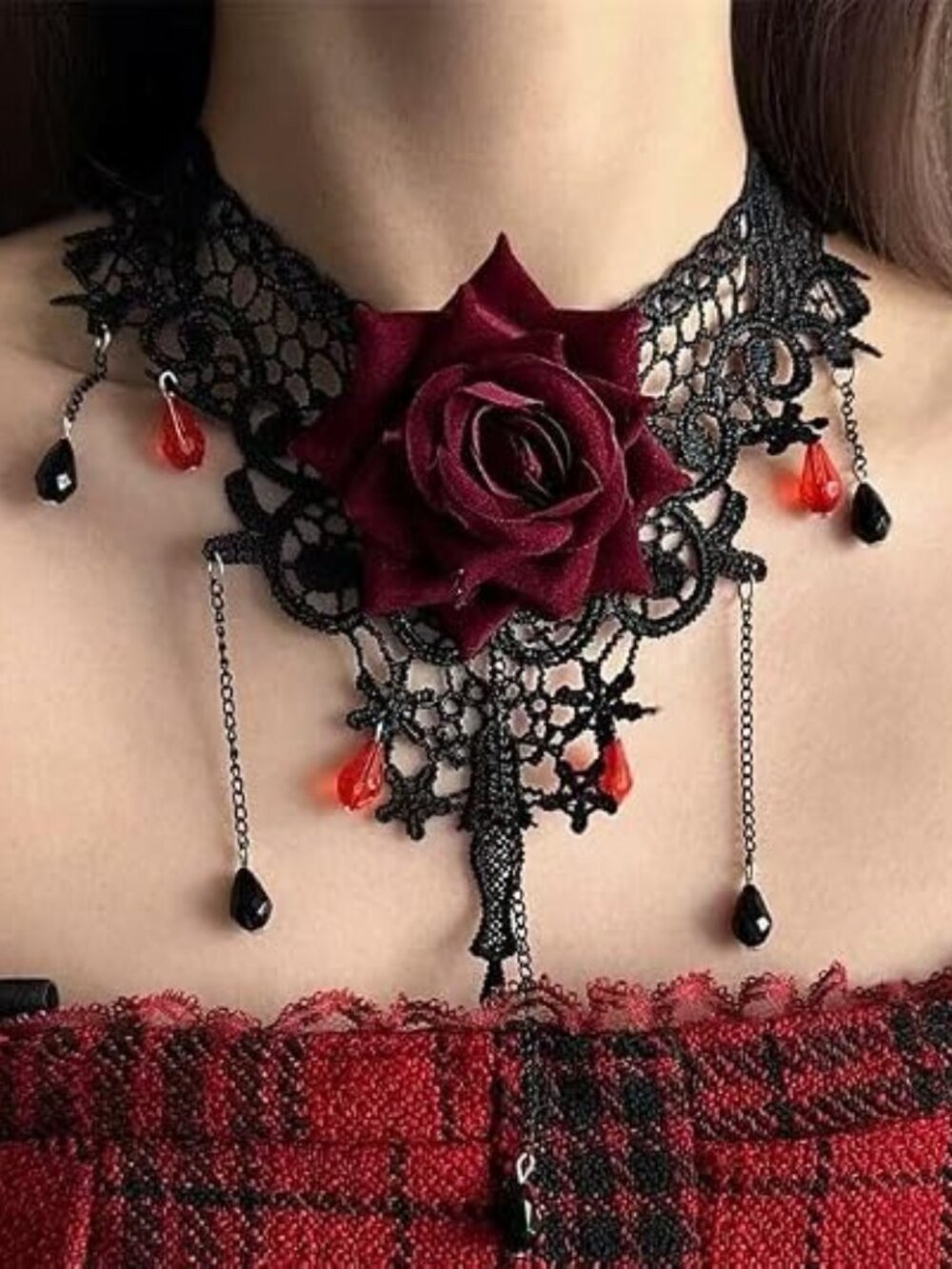 Gothic Black Lace Red Rose Flower Choker Necklace for Women